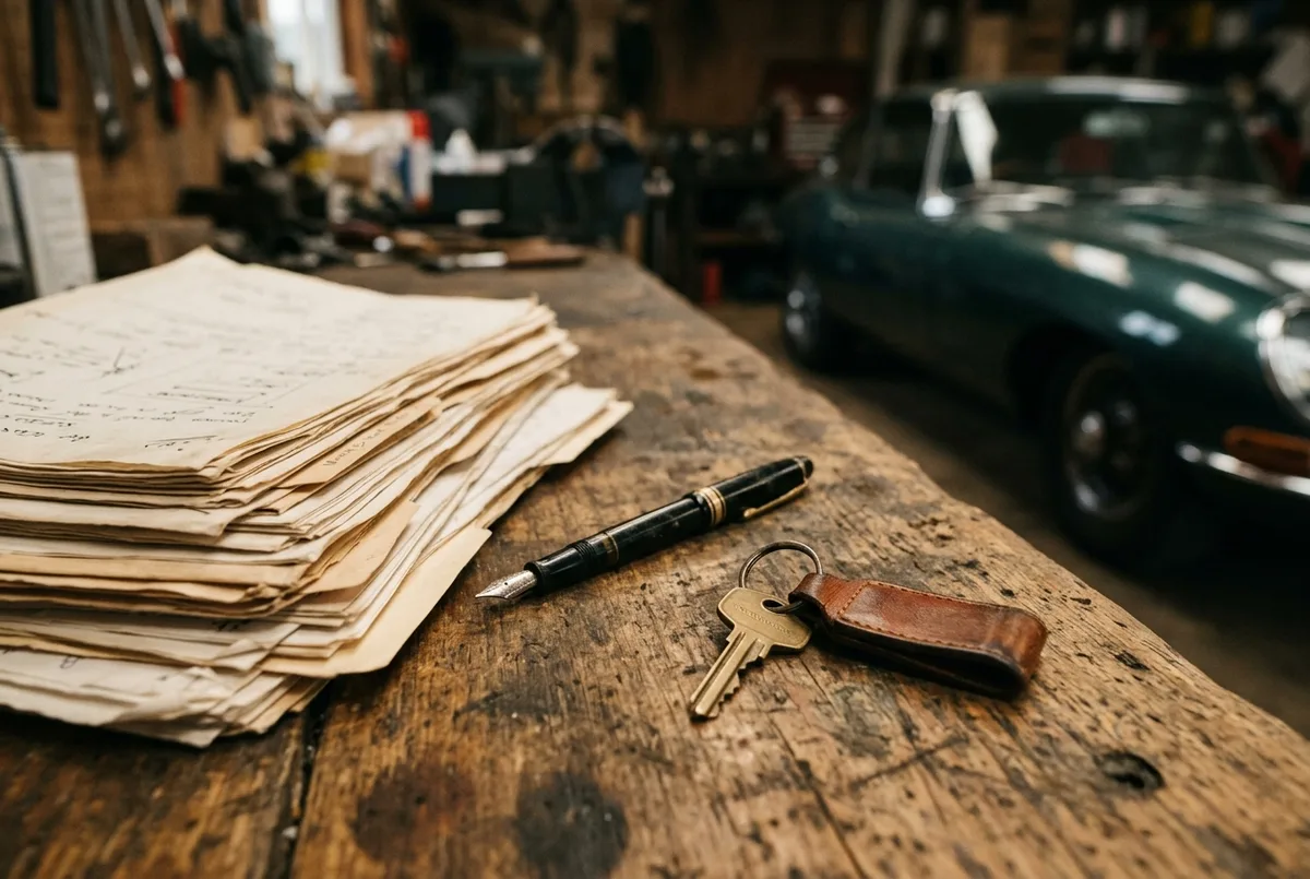Kaufvertrag und Fahrzeugpapiere auf einer Werkstattbank neben einem Oldtimer-Schlüssel